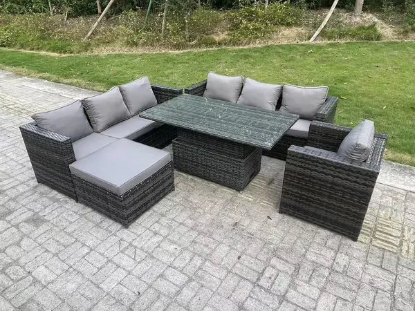 Fimous 7 Seater Outdoor Dark Grey Rattan Lounge Complete Sofa Set with Adjustable Dining Table and Big Footstool