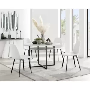 Furniturebox Adley Grey Concrete Effect 120cm Storage Dining Table & 4 White Corona Faux Leather Dining Chairs with Black Legs Diamond Stitch