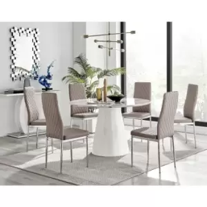 Furniturebox Palma White Marble Effect 120cm Round Minimalist Dining Table & 6 Cappuccino Milan Chrome Leg Faux Leather Chairs