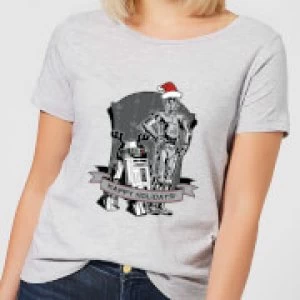 Star Wars Happy Holidays Droids Womens Christmas T-Shirt - Grey - 3XL