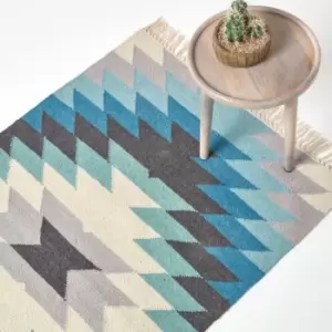 HOMESCAPES Helsinki Handwoven Geometric Pattern Blue Grey and Cream Kilim Wool Rug, 90 x 150cm - Blue