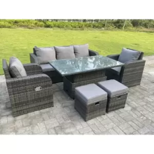 Fimous 5 Seater Outdoor Dark Grey Mixed Rattan Lounge Complete Sofa Set with Adjustable Dining Table and2 Big Footstools