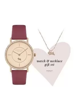 Radley Ladies Raspberry Stone Set Strap Watch And 18Ct Rose Gold Clear Stone Necklace Gift Set