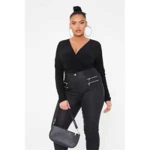 I Saw It First Black Plus Size Long Sleeve Plunge Wrap Bodysuit - Black