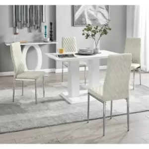 Furniturebox Imperia 4 High Gloss White Modern Dining Table and 4 Cream Milan Faux Leather Dining Chairs With Silver Legs Diamond Stitch Modern