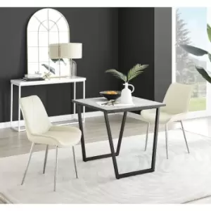 Furniturebox UK - Furniturebox Carson White Marble Effect Square Dining Table & 2 Cream Pesaro Silver Leg Velvet Chairs