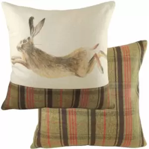 Evans Lichfield - Hunter Leaping Hare Tartan Panel Cushion Cover, Multi, 43 x 43 Cm