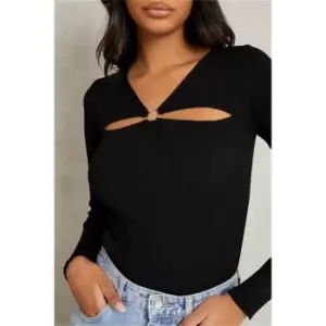 I Saw It First Black Ribbed Knit Cut Out Ring Detail Long Sleeve Top - Black