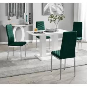 Furniturebox UK - Furniturebox Imperia 4 High Gloss White Modern Dining Table and 4 Green MMilan Faux Leather Dining Chairs With Silver Legs Diamond