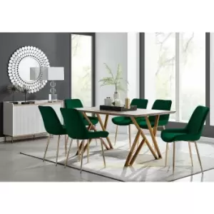 Taranto Oak Effect Dining Table and 6 Green Pesaro Gold Leg Chairs - Green