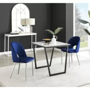 Furniturebox UK - Furniturebox Carson White Marble Effect Square Dining Table & 2 Blue Arlon Silver Leg Velvet Chairs