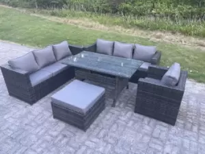 Fimous 7 Seater Outdoor Dark Grey Rattan Lounge Complete Sofa Set with Rectangular Dining Table and Big Footstool