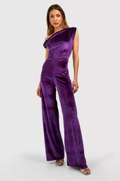 Velvet Drape Off Shoulder Wide Leg Jumpsuit