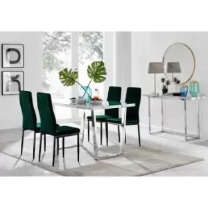 Furniture Box Kylo White Marble Effect Dining Table and 4 Green Velvet Milan Black Leg Chairs