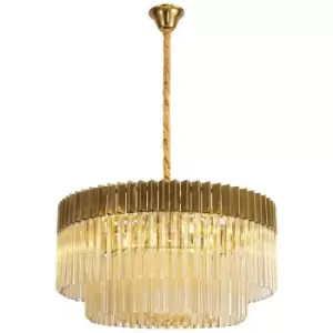 Luminosa Poland Ceiling Pendant Round 12 Light E14, Brass, Cognac Sculpted Glass, Item Weight: 25.4kg