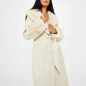 Missguided Faux Leather Contrast Trim Trench Coat - Beige