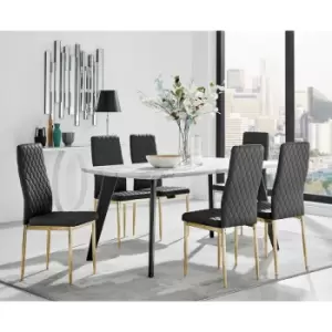 Furniturebox UK - Andria Black Leg Marble Effect Dining Table and 6 Black Gold Leg Milan Chairs - Black