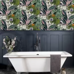 Passion Flower White Wallpaper Green/Pink/White