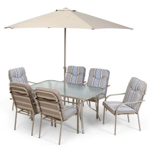 Robert Dyas Provence 6-Seater Garden Dining Set with 6 Padded Chairs Glass Table and Parasol