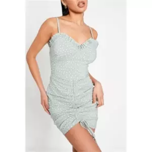 I Saw It First Sage Polka Dot Bengaline Cami Strap Ruched Front Mini Dress - Green