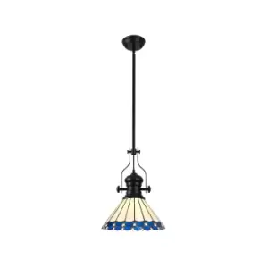 Worcester, Ceiling Pendant E27 With 30cm Tiffany Shade, Matt Black, Blue, Cream, Crystal