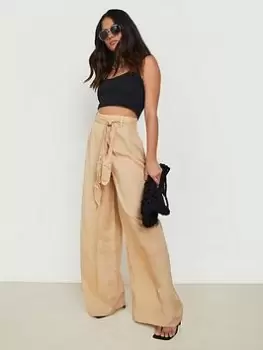 Boohoo Linen Belted Wide Leg Trouser - Stone, Beige, Size 8, Women