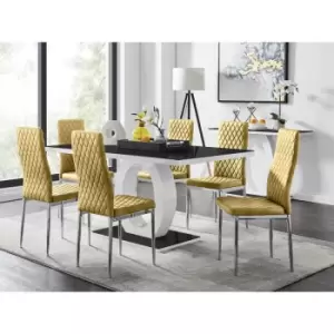 Furniturebox UK - Furniturebox Giovani 6 Black Dining Table & 6 Mustard Milan Velvet Dining Chairs Diamond Stitch Modern Contemporary Chrome Metal