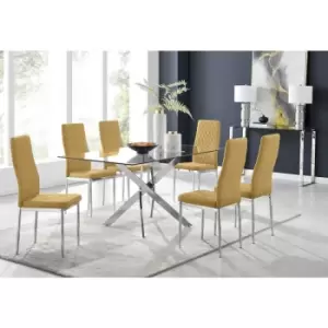 Furniturebox UK - Furniturebox Leonardo 6 Chrome Leg Glass Dining Table and 6 Mustard Milan Velvet Dining Chairs Diamond Stitch Modern Contemporary