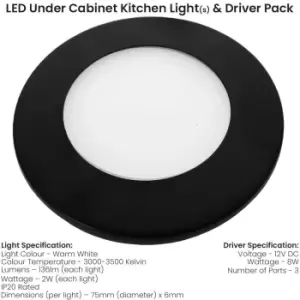 2x MATT BLACK Ultra-Slim Round Under Cabinet Kitchen Light & Driver Kit - Warm White Diffused LED