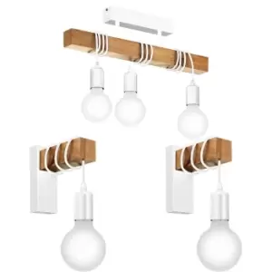 Ceiling Spot Light & 2x Matching Wall Lights White & Wood Trendy Hanging Lamp