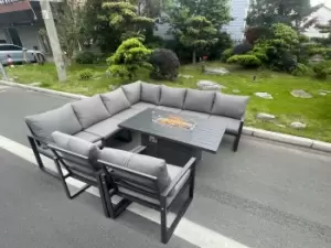 Fimous 9 Seater Outdoor Dark Grey Aluminum Lounge Complete Sofa Set with Gas Fire Pit Dining Table