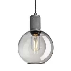 Industville Knurled Tinted Glass Globe Pendant Light in Smoke Grey with Pewter Holder / Small