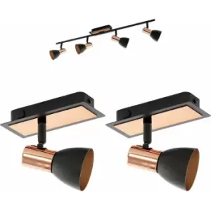 Quad Ceiling Light & 2x Matching Wall Lights Black & Copper Adjustable Trendy