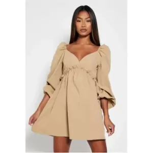 I Saw It First Woven Frill Detail V Neck Smock Dress - Brown