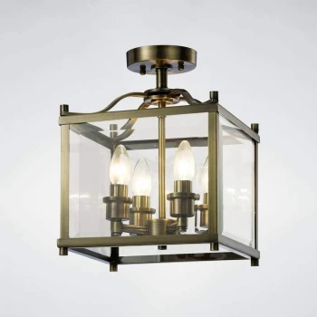 Aston semi-ceiling light 4 bulbs antique brass / glass