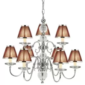 Flemish Ceiling Pendant Chandelier Polished Nickel & Brown Shades 5 Lamp Light