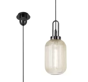 1 Light Pendant E27 With 20cm Tubular Ribbed Glass, Champagne Black Chrome, Matt Black