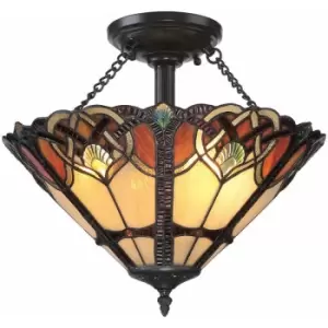 Loops - 2 Bulb Semi Flush Tiffany Style Coloured Glass Vintage Bronze Base LED E27 100W