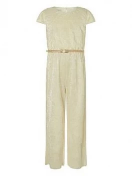 Monsoon Girls Shimmer Jersey Jumpsuit With Belt - Gold, Size 5-6 Years, Women