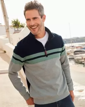 Cotton Traders Mens Half Zip Brushed Rib Panelled Top in Grey