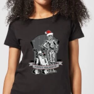 Star Wars Happy Holidays Droids Womens Christmas T-Shirt - Black - 5XL