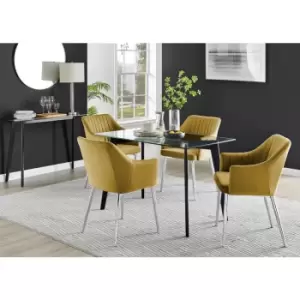 Furniturebox Malmo Rectangular Glass and Black Wooden Leg Modern Industrial Dining Table & 4 Mustard Calla Silver Leg Velvet Chairs