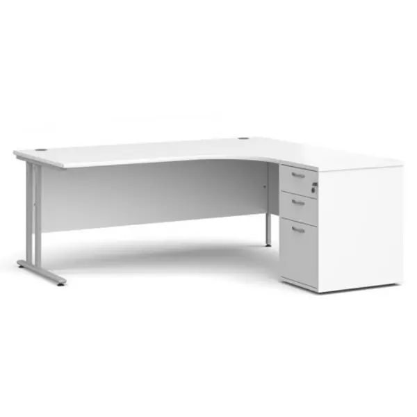 Office Desk Right Hand Corner Desk 1800mm With Pedestal White Top With Silver Frame Maestro 25