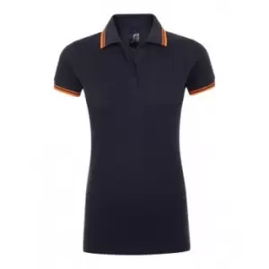 SOLS Womens/Ladies Pasadena Tipped Short Sleeve Pique Polo Shirt (S) (French Navy/Neon Orange)