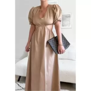 I Saw It First Stone Cotton Poplin Puff Sleeve Cut Out Maxi Dress - Brown