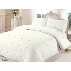 Sophie Duvet Quilt Cover Floral Lace Trim Embroidered Bed Set, Polyester-Cotton, Cream, Single - Cream