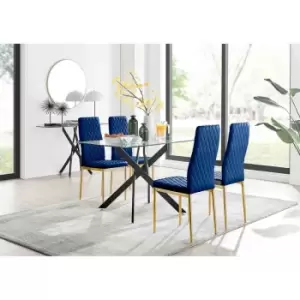 Furniture Box Leonardo Black Leg Glass Dining Table and 4 Navy Velvet Milan Gold Leg Chairs