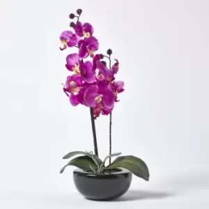 Homescapes - Oriental Style Cerise Orchids in Black Bowl - Pink