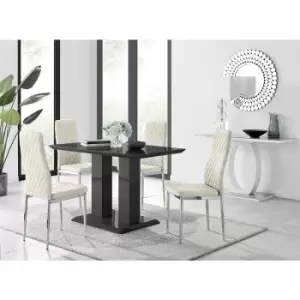 Furniturebox UK - Furniturebox Imperia 4 High Gloss Black Modern Dining Table and 4 Cream Milan Faux Leather Dining Chairs With Silver Legs Diamond