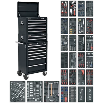 Sealey Superline Pro 14 Drawer Roller Cabinet, Mid and Top Tool Chests + 1179 Piece Tool Kit Black